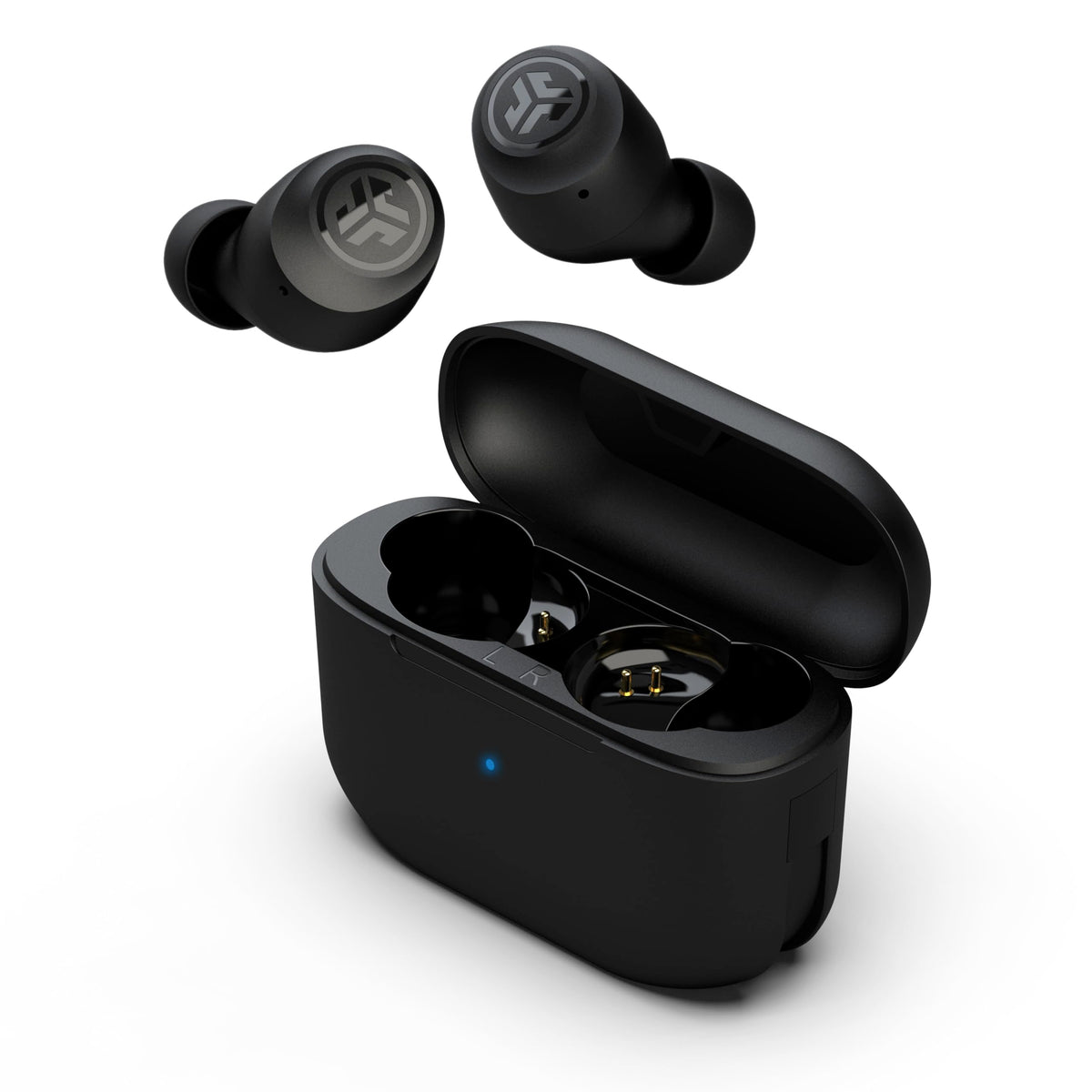 JLab Go Air Pop+ true wireless earbuds in black with charging case