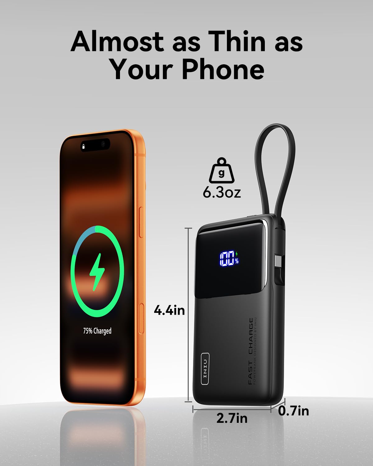 INIU slim 10,000mAh power bank with built-in USB-C cable, alternate view
