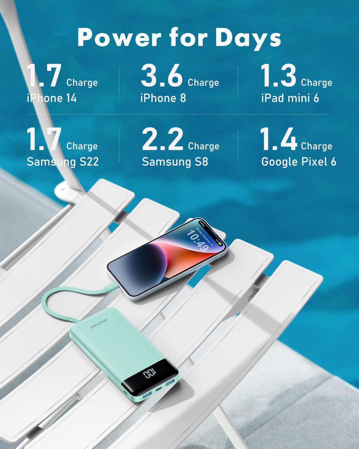 Charmast slim 10,000mAh power bank with built-in charging cables, alternate view