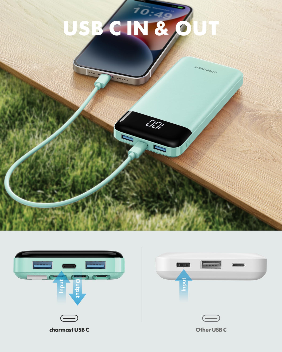 Charmast slim 10,000mAh power bank with built-in charging cables, alternate view