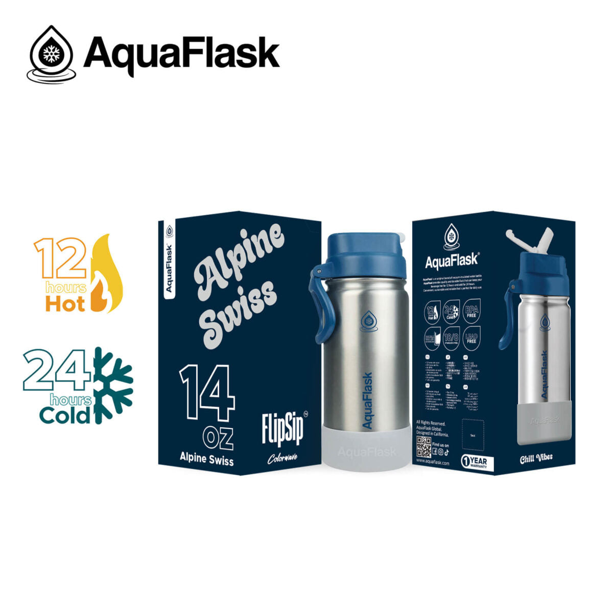 AquaFlask Kids FlipSip 14oz water bottle in Alpine Swiss