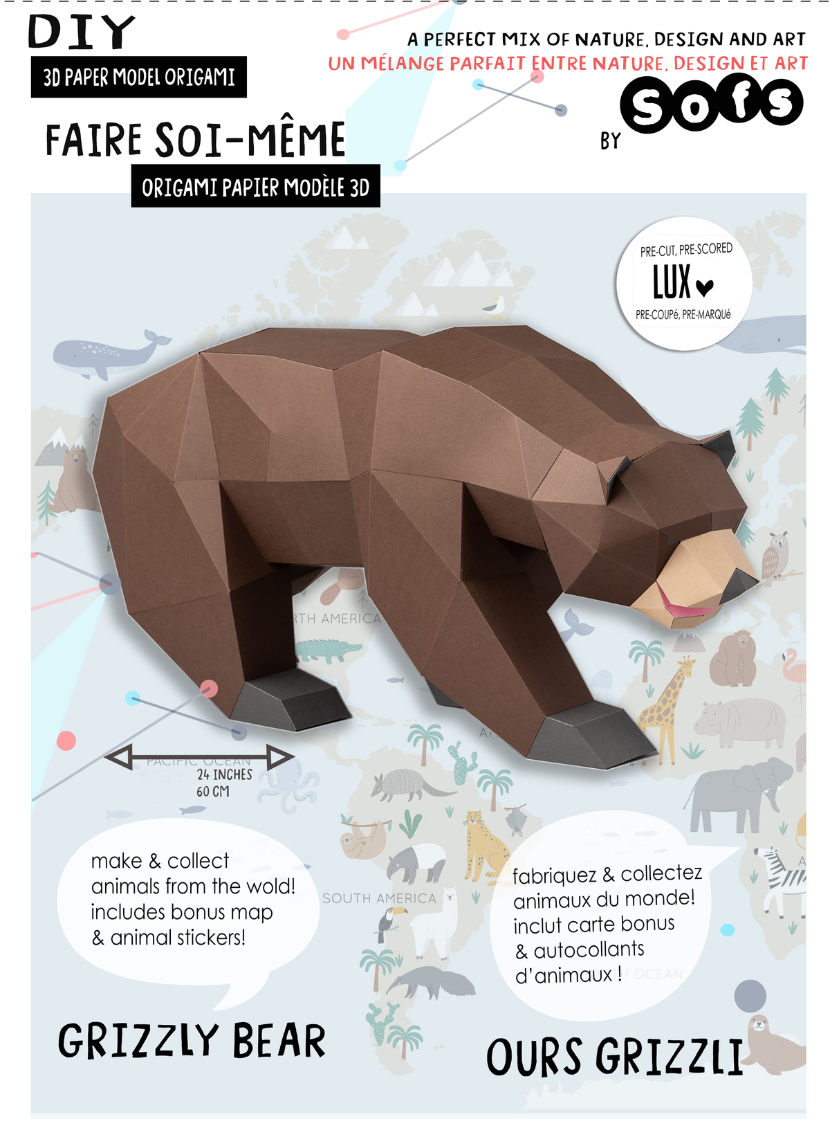 Sofs DIY 3D paper grizzly bear model kit, alternate view