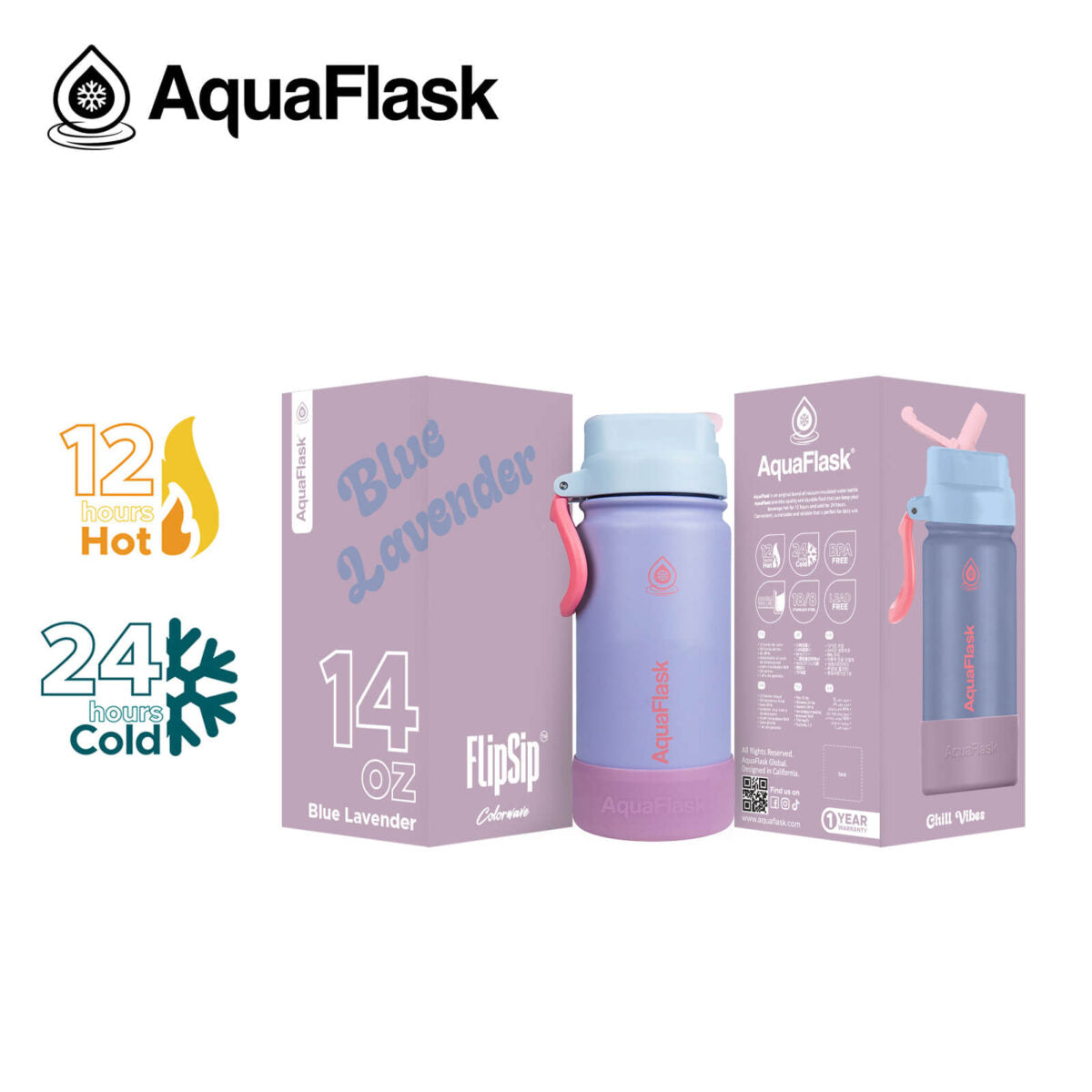 AquaFlask Kids FlipSip 14oz water bottle in Blue Lavender