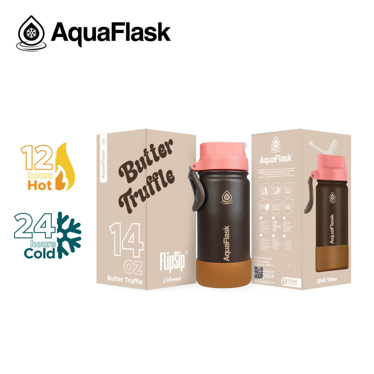 AquaFlask Kids FlipSip 14oz water bottle in Butter Truffle