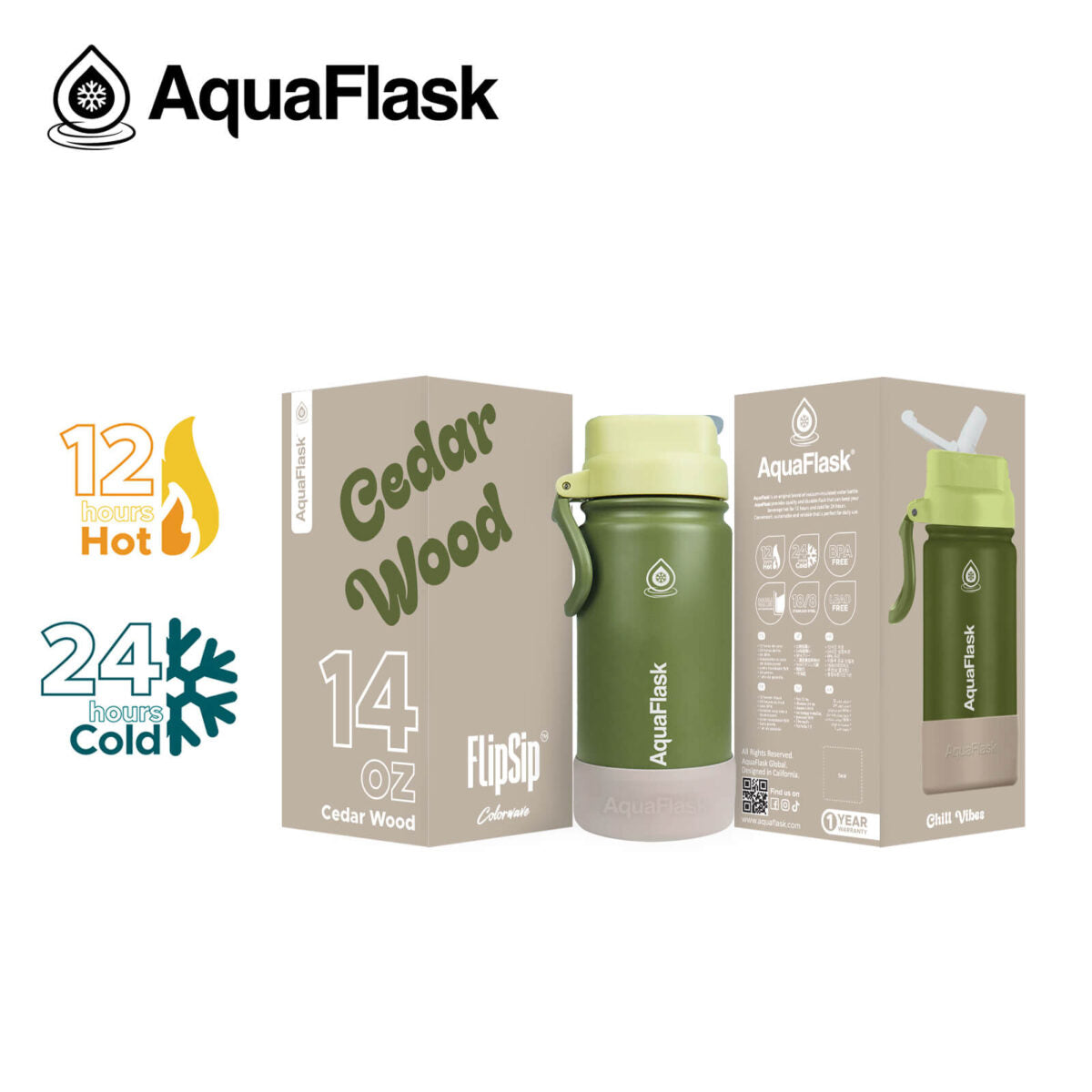 AquaFlask Kids FlipSip 14oz water bottle in Cedarwood