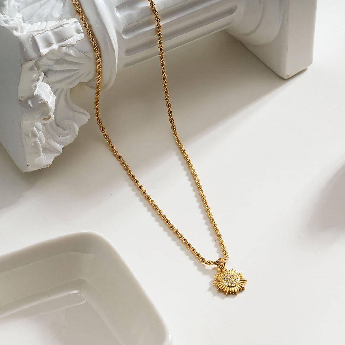 HACKNEY NINE ISA gold rope chain necklace with pavé zirconia sun pendant, alternate view