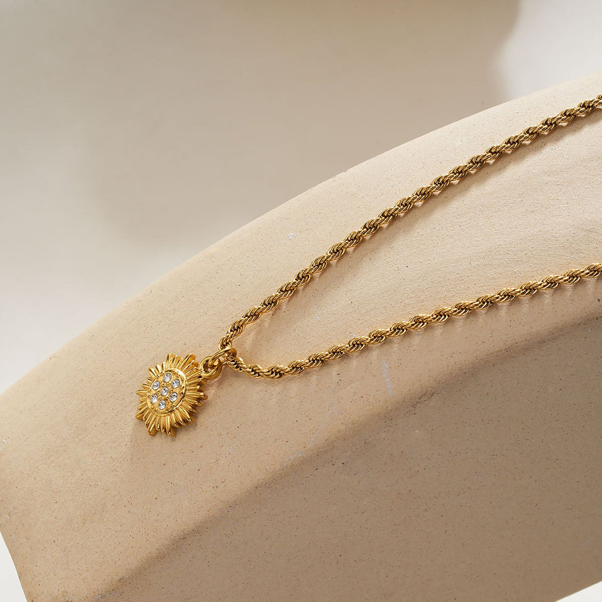 HACKNEY NINE ISA gold rope chain necklace with pavé zirconia sun pendant, alternate view