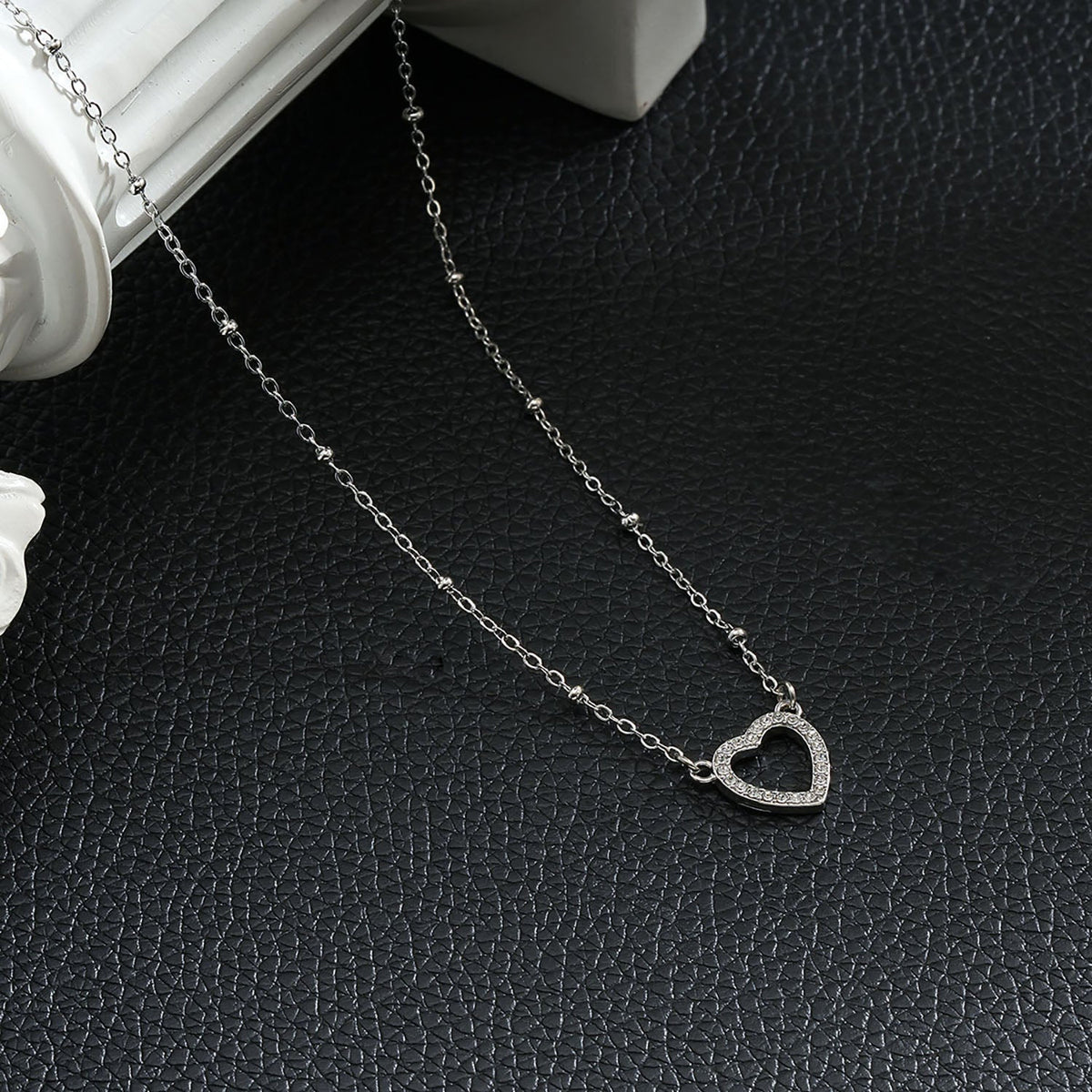 HACKNEY NINE CHERISH silver beaded chain necklace with pavé heart pendant, alternate view