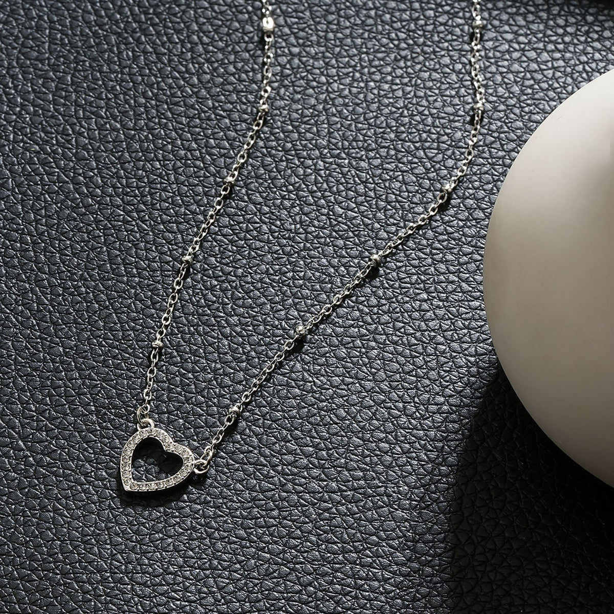 HACKNEY NINE CHERISH silver beaded chain necklace with pavé heart pendant, alternate view