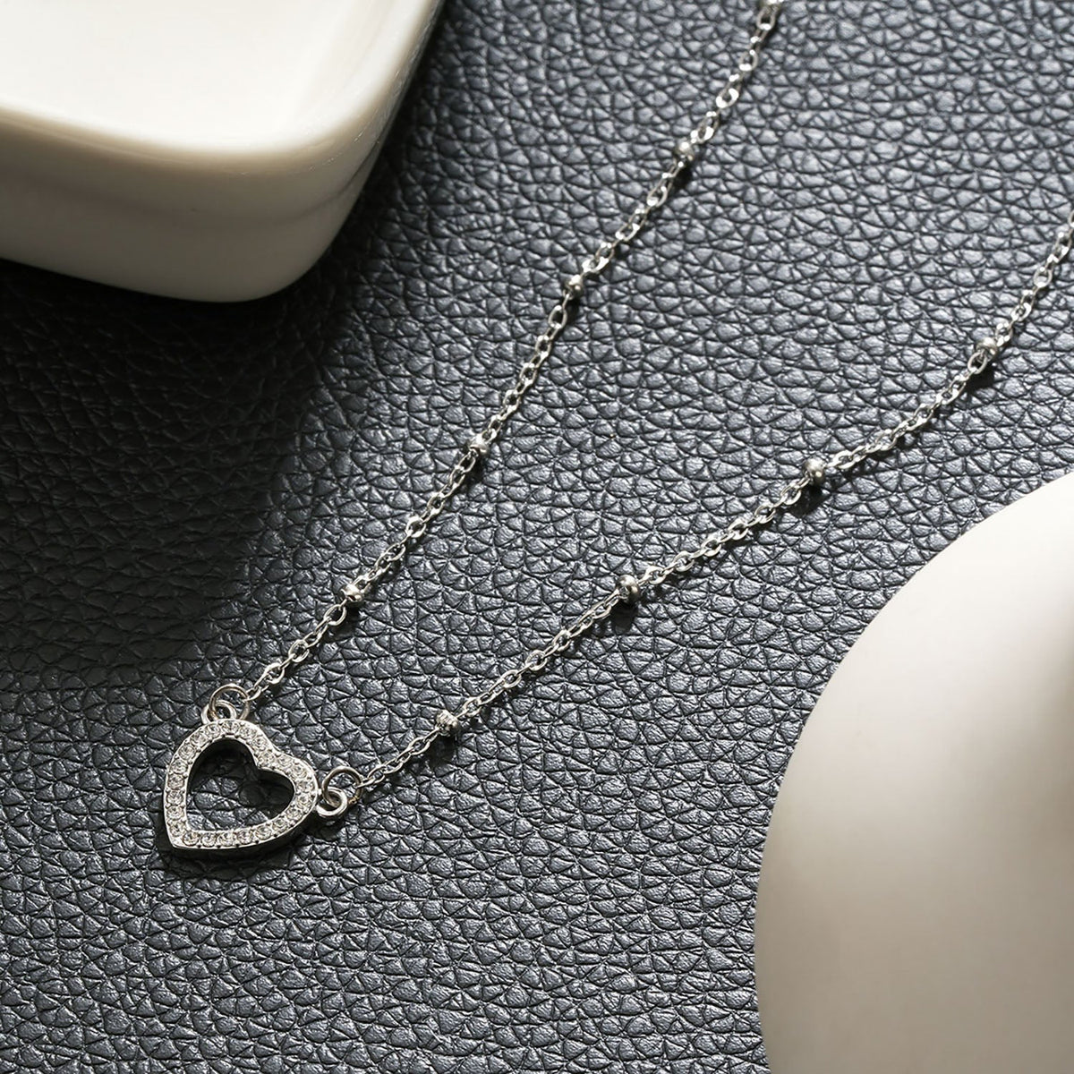 HACKNEY NINE CHERISH silver beaded chain necklace with pavé heart pendant, alternate view