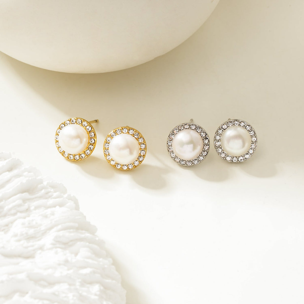 HACKNEY NINE CADDA silver mini stud earrings with freshwater pearl and pavé zirconia, alternate view