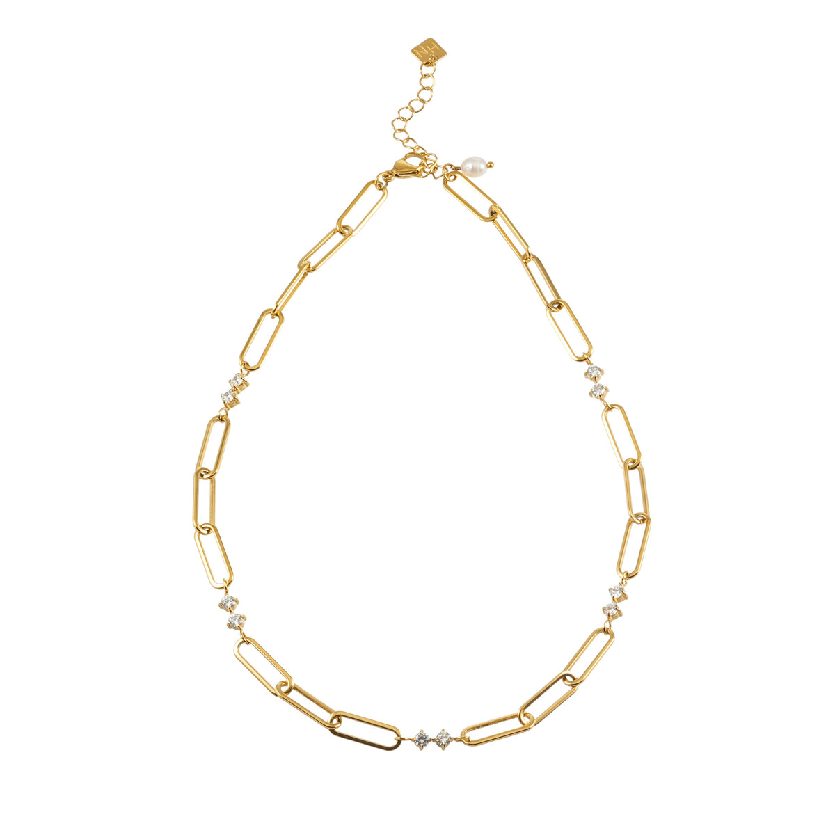 HACKNEY NINE ELOPPINA gold paper clip chain with zirconia accents and freshwater pearl charm