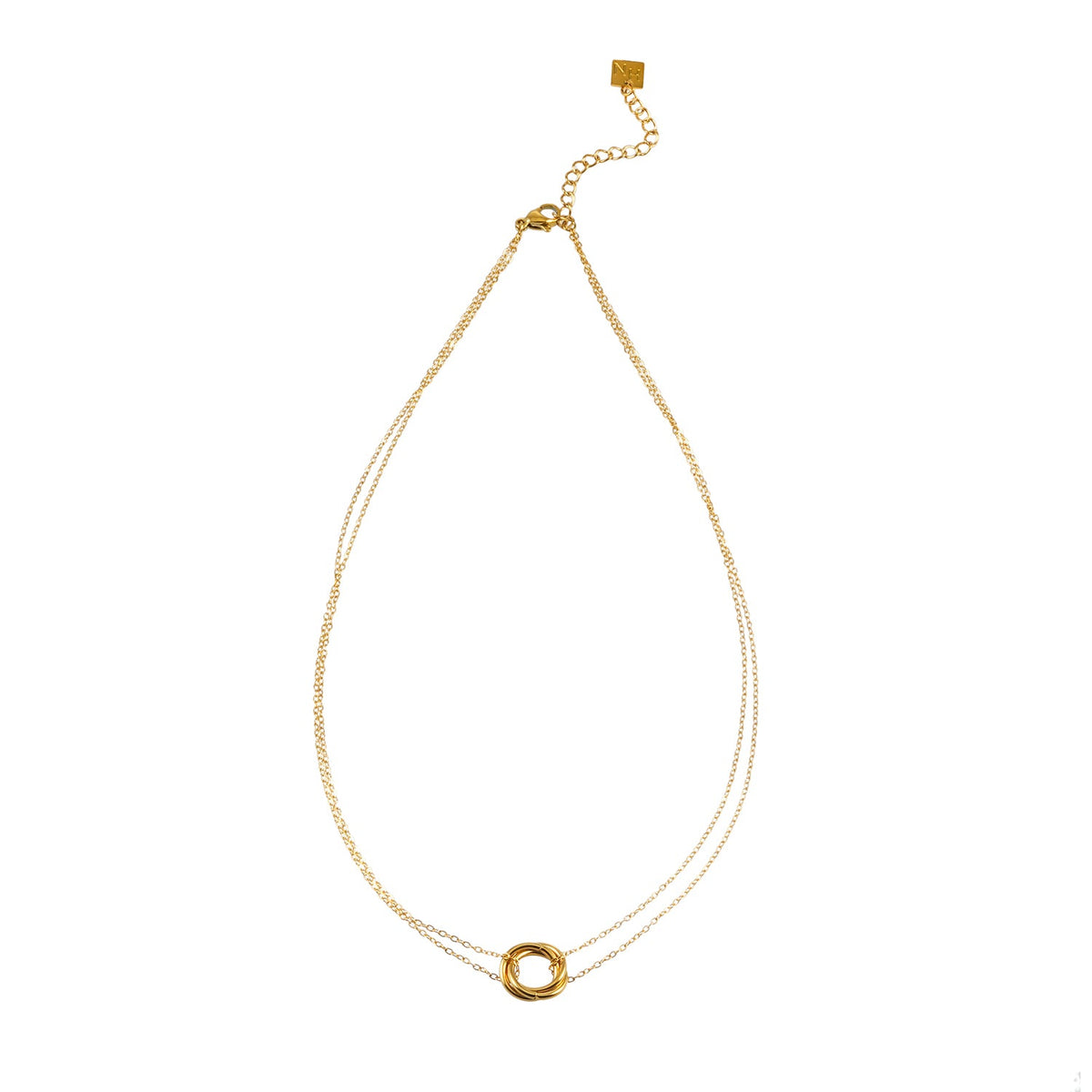 HACKNEY NINE ELVIRA gold double chain necklace with intertwined three-ring pendant, alternate view
