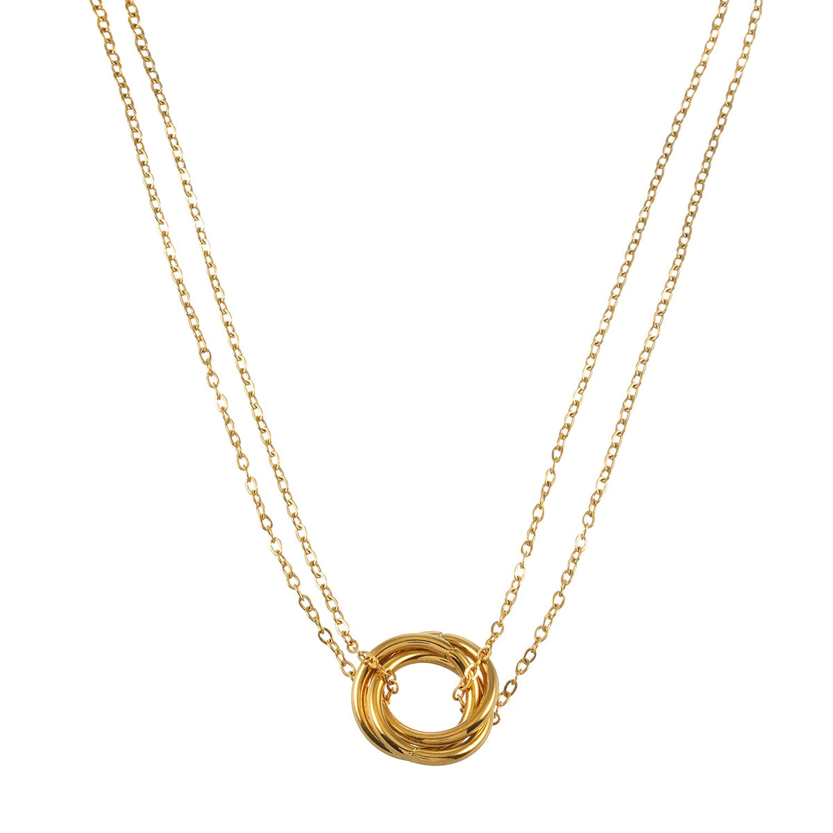 HACKNEY NINE ELVIRA gold double chain necklace with intertwined three-ring pendant, alternate view