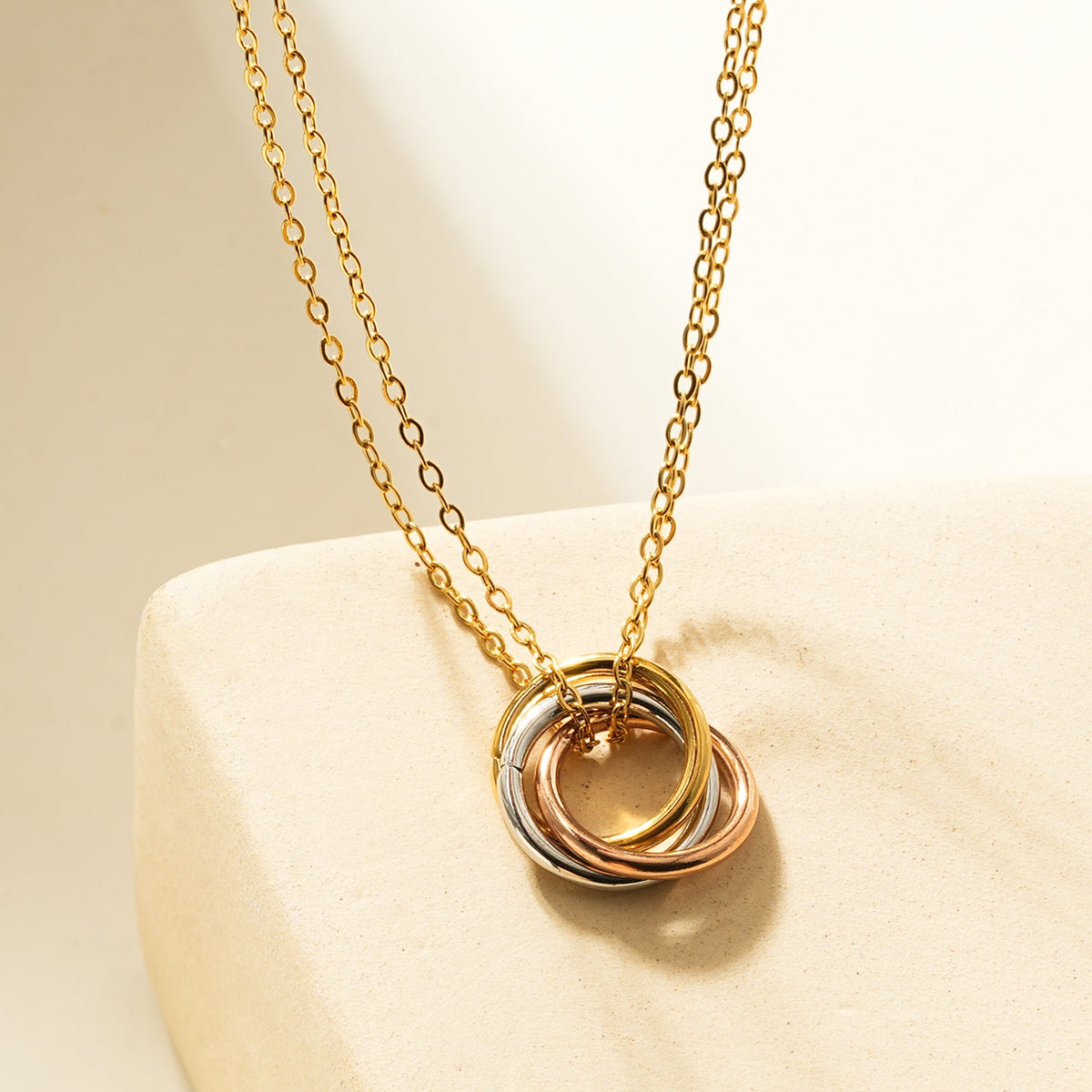 HACKNEY NINE ELVIRA mixed-metal double chain necklace with intertwined three-ring pendant, alternate view