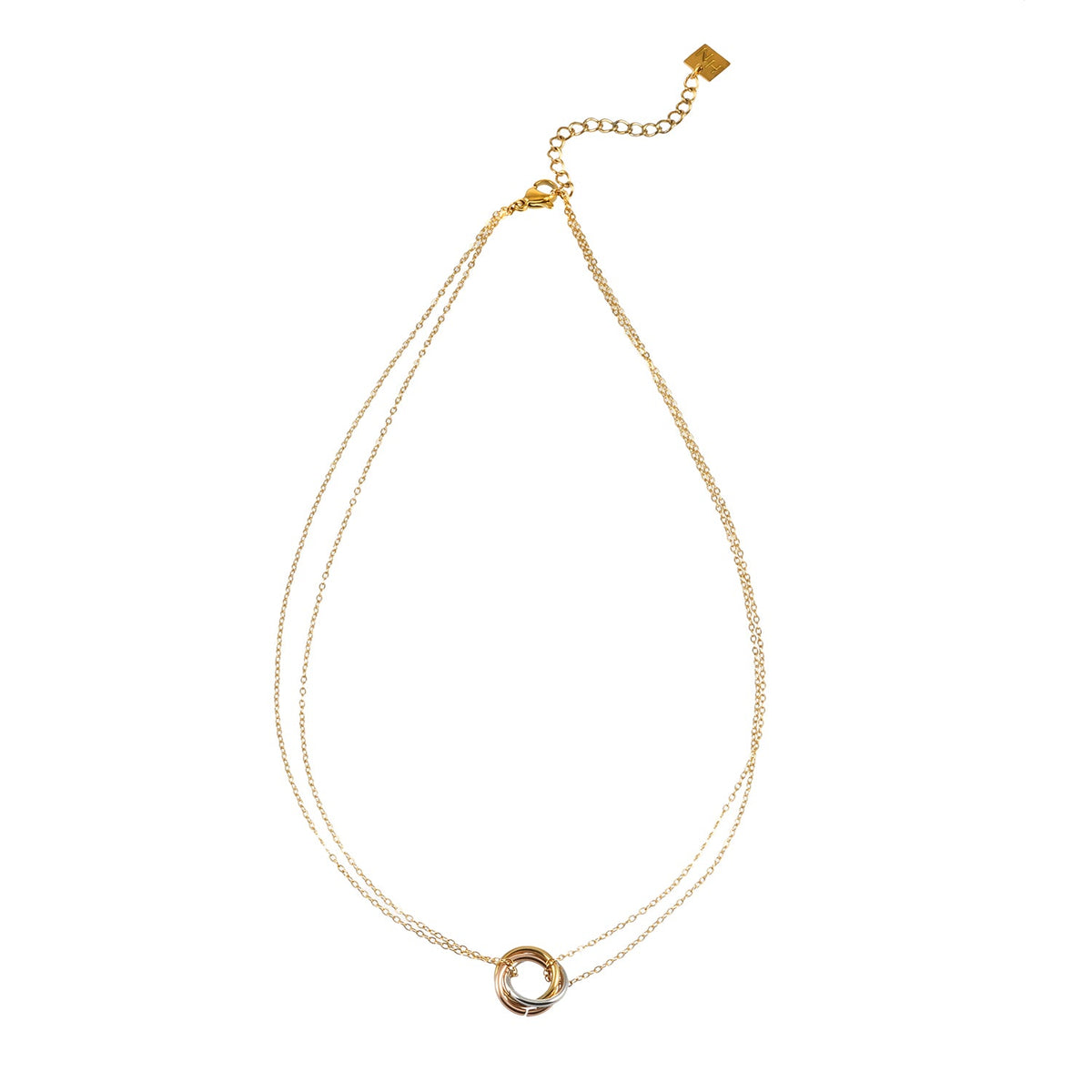 HACKNEY NINE ELVIRA mixed-metal double chain necklace with intertwined three-ring pendant, alternate view