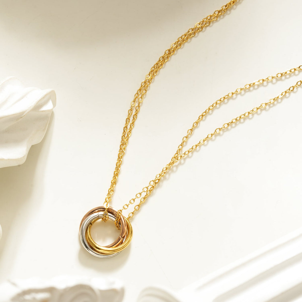 HACKNEY NINE ELVIRA mixed-metal double chain necklace with intertwined three-ring pendant, alternate view