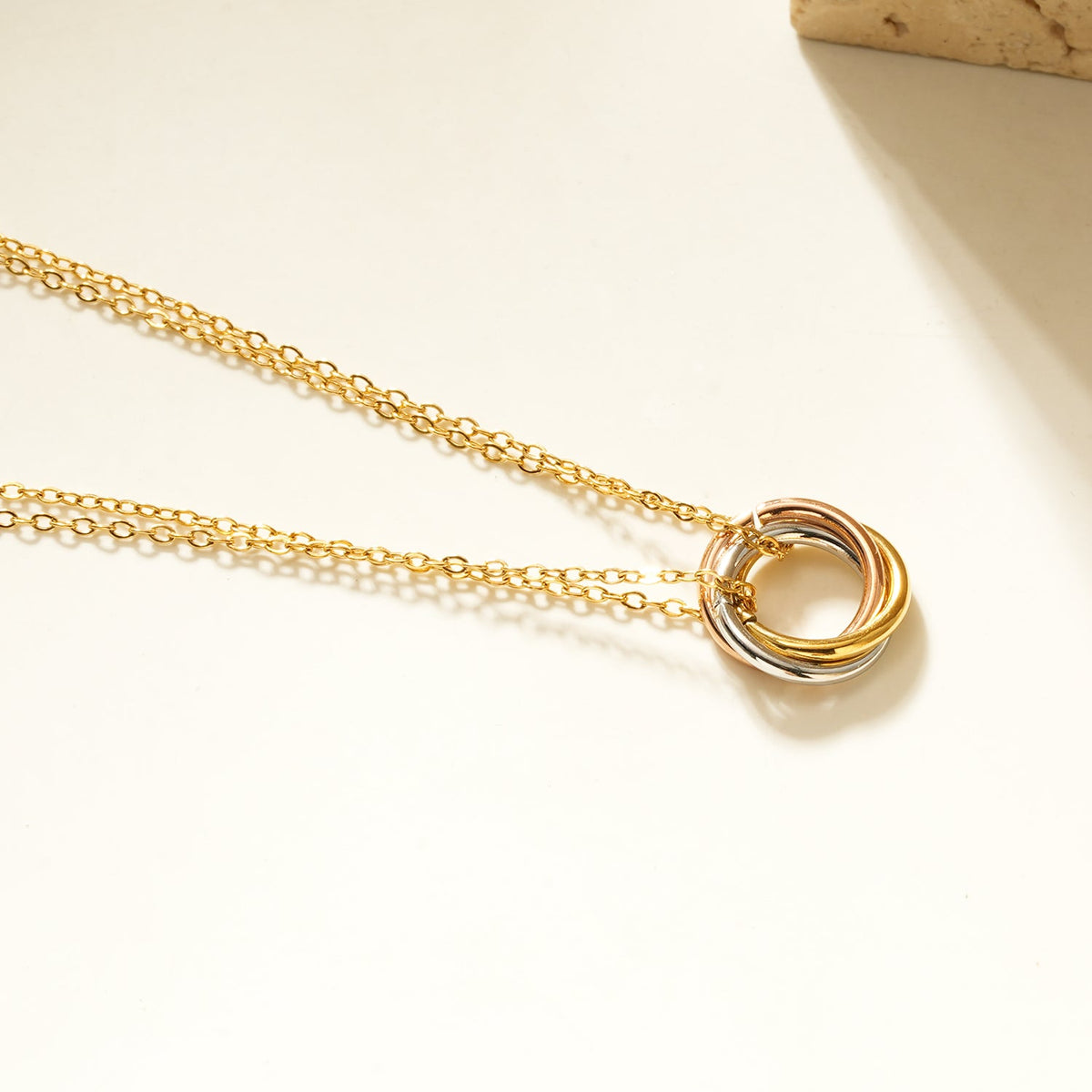 HACKNEY NINE ELVIRA mixed-metal double chain necklace with intertwined three-ring pendant, alternate view