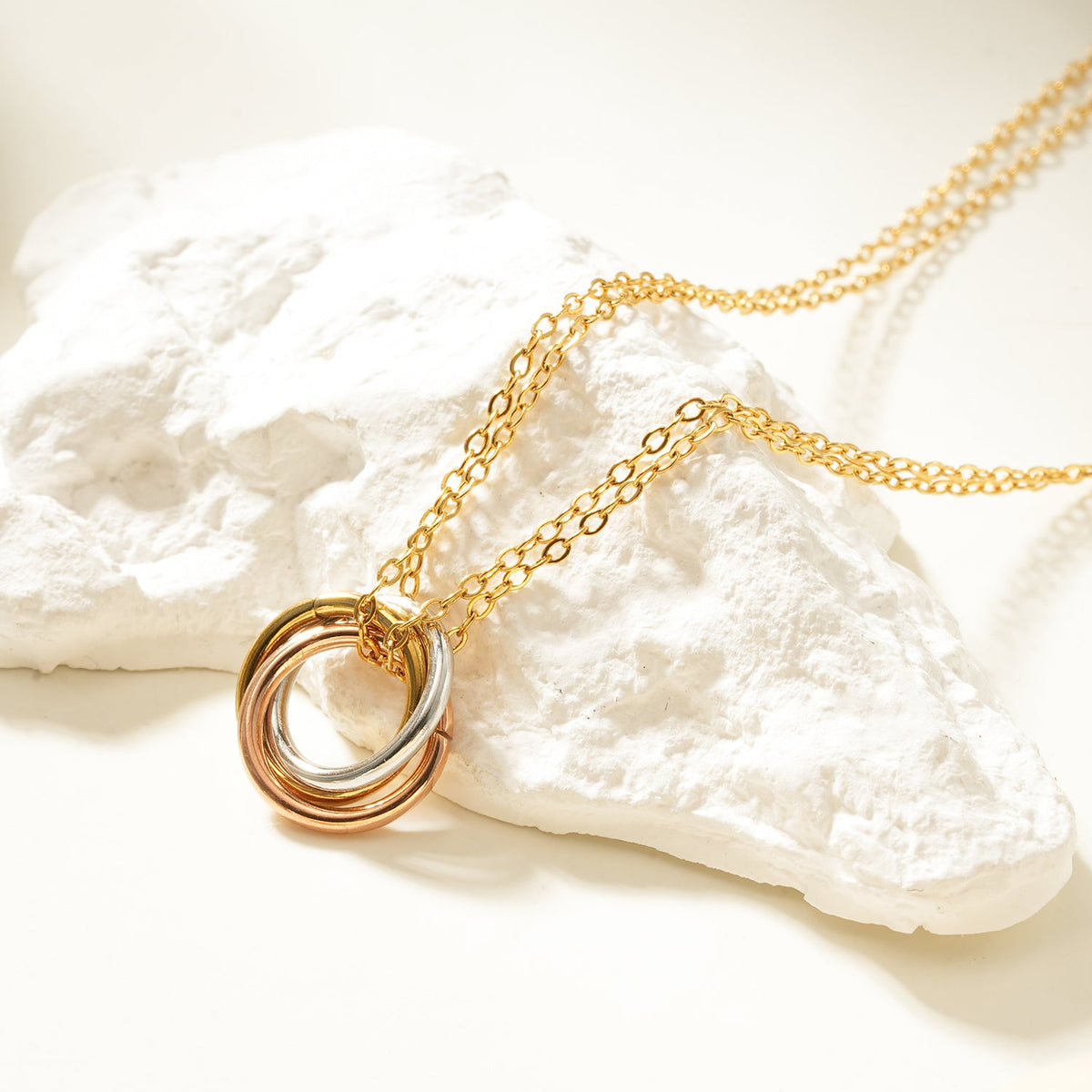 HACKNEY NINE ELVIRA mixed-metal double chain necklace with intertwined three-ring pendant, alternate view