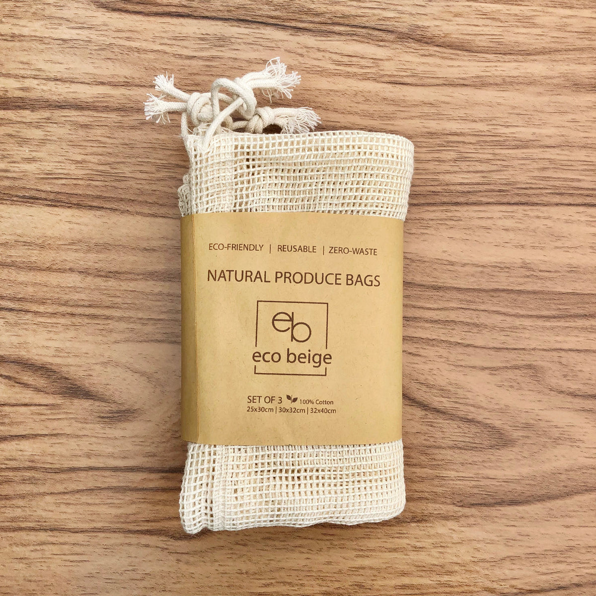 Eco Beige set of three cotton drawstring produce bags, alternate view