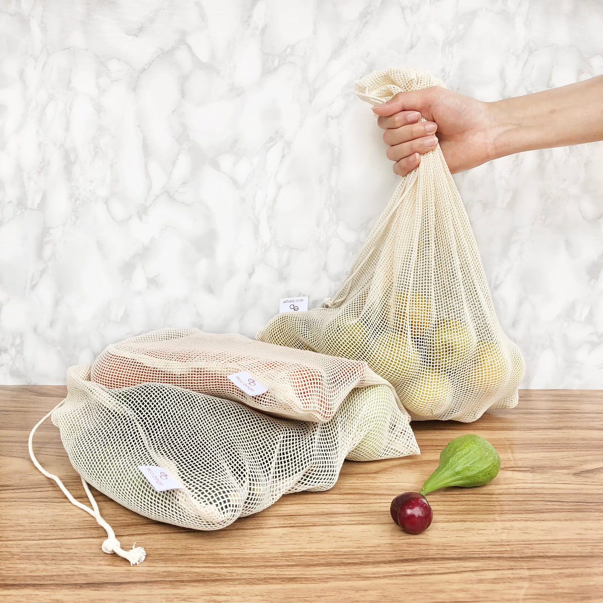 Eco Beige set of three cotton drawstring produce bags, alternate view