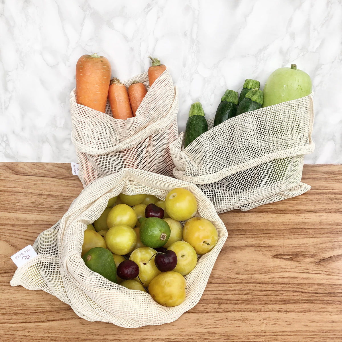 Eco Beige set of three cotton drawstring produce bags