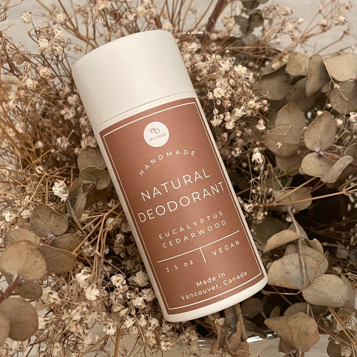 Eco Beige eucalyptus cedarwood natural deodorant in a paper tube, alternate view