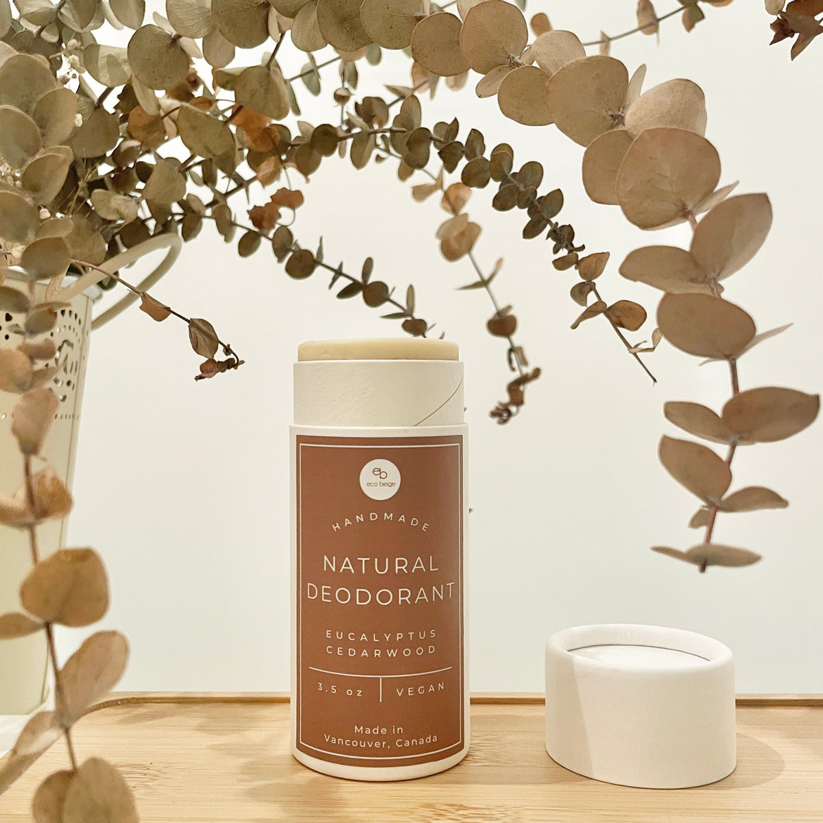 Eco Beige eucalyptus cedarwood natural deodorant in a paper tube