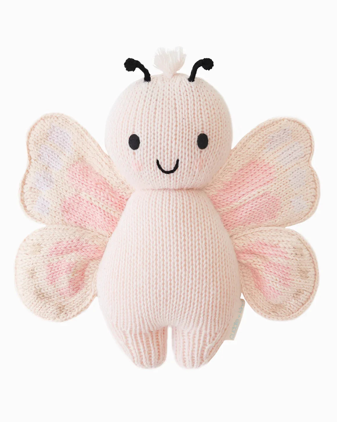 Cuddle + Kind hand-knit baby butterfly toy in petal pink