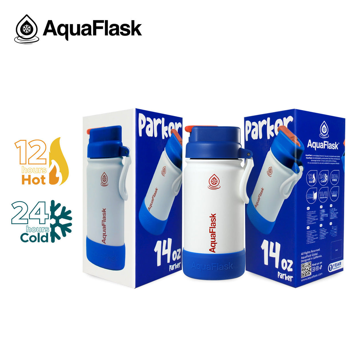 AquaFlask Kids FlipSip 14oz water bottle in Parker