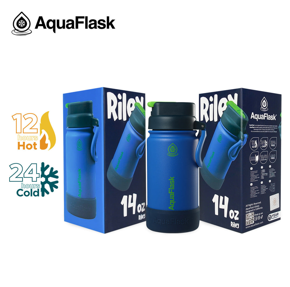 AquaFlask Kids FlipSip 14oz water bottle in Riley