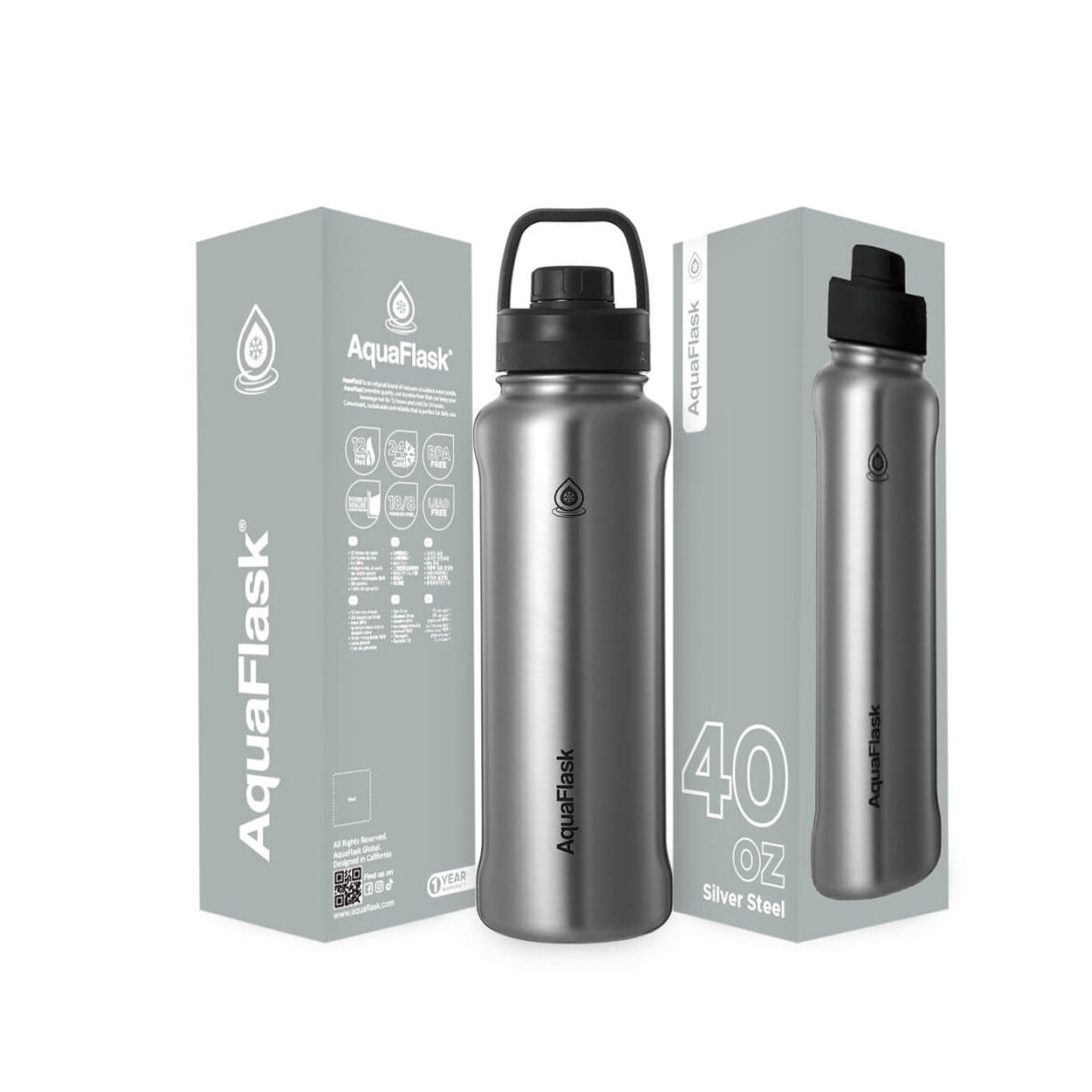 AquaFlask 40oz stainless steel water bottle with sports lid in SILVER STEEL