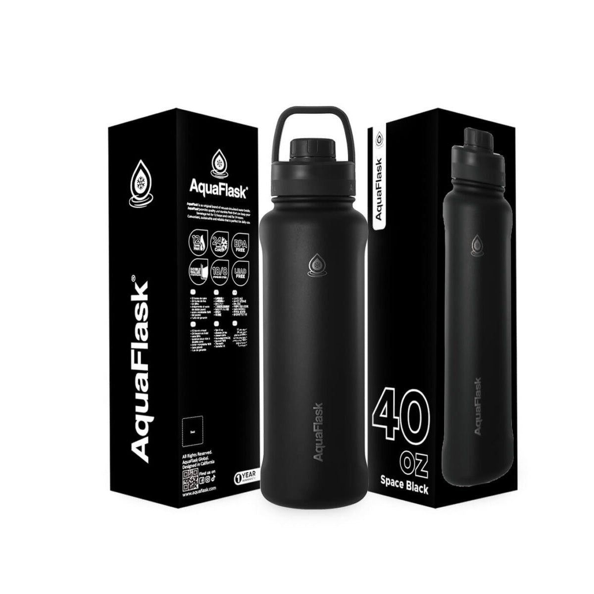 AquaFlask 40oz stainless steel water bottle with sports lid in SPACE BLACK