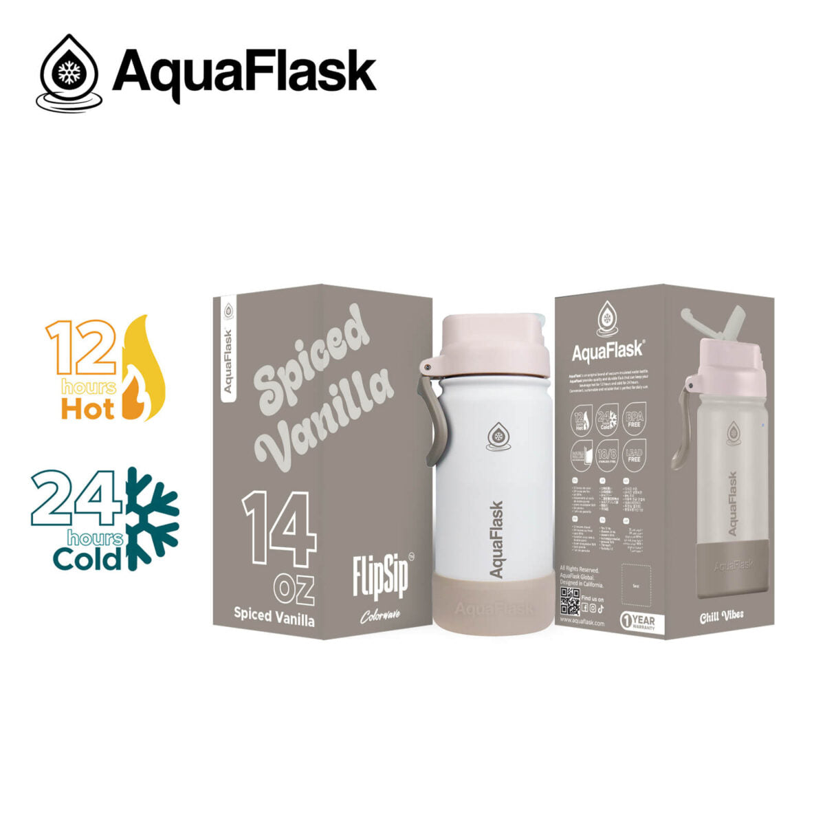 AquaFlask Kids FlipSip 14oz water bottle in Spiced Vanilla