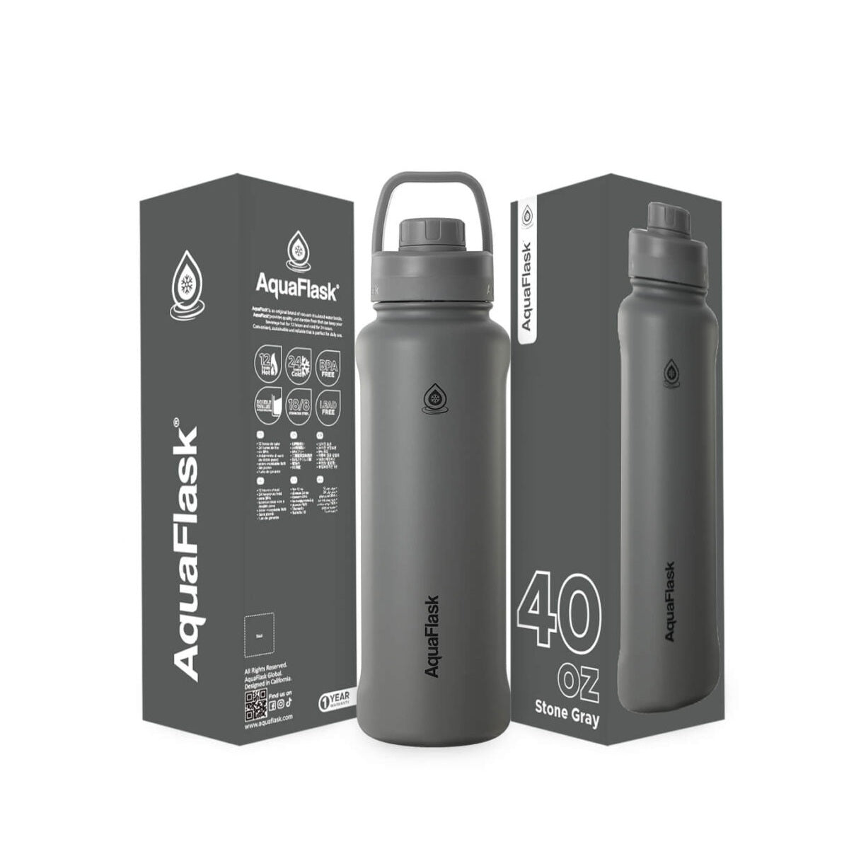 AquaFlask 40oz stainless steel water bottle with sports lid in Stone Gray