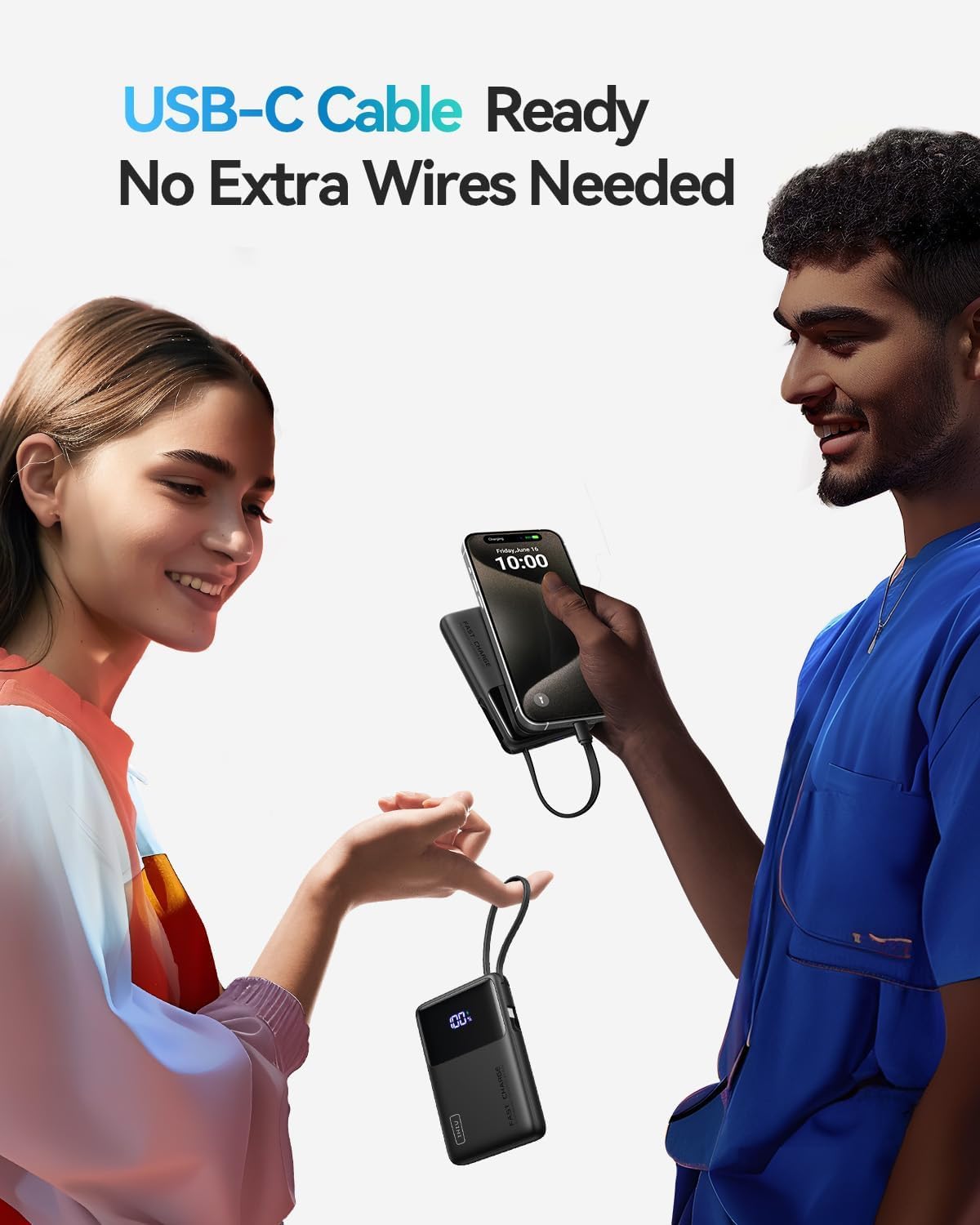 INIU slim 10,000mAh power bank with built-in USB-C cable, alternate view