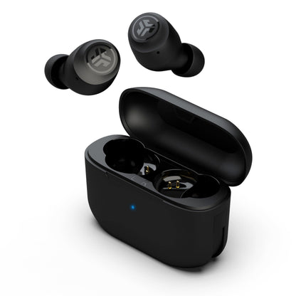 JLab Go Air Pop+ true wireless earbuds in black with charging case