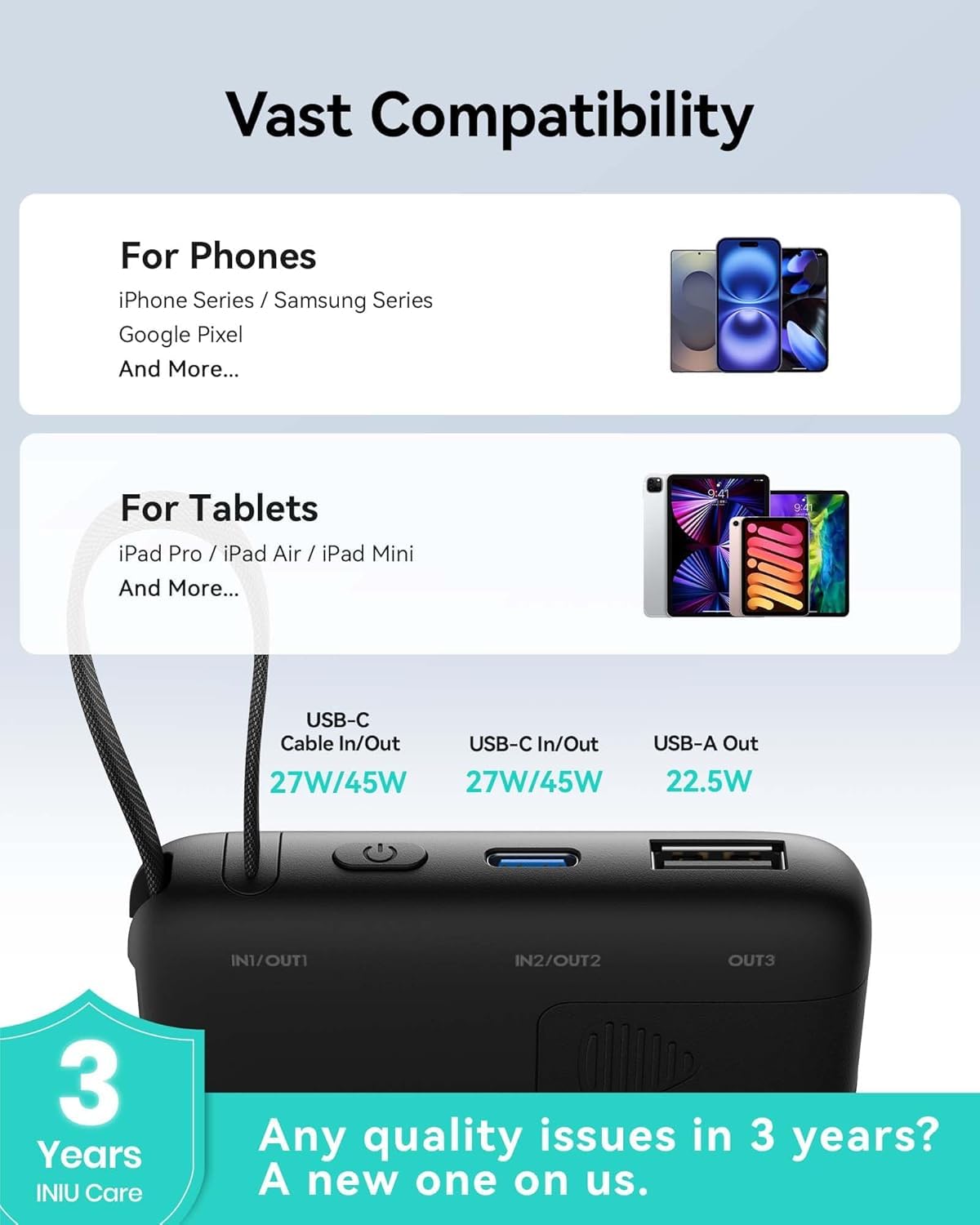 INIU slim 10,000mAh power bank with built-in USB-C cable, alternate view