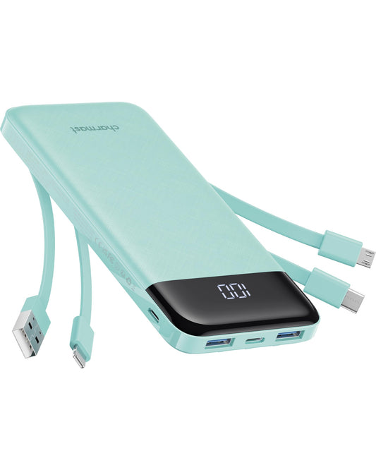 Charmast slim 10,000mAh power bank with built-in charging cables