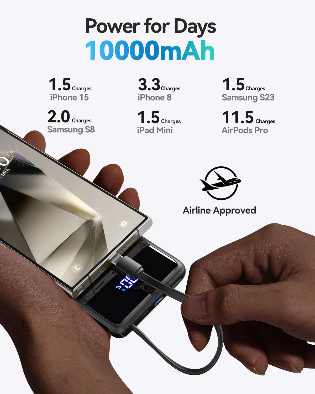 INIU slim 10,000mAh power bank with built-in USB-C cable, alternate view
