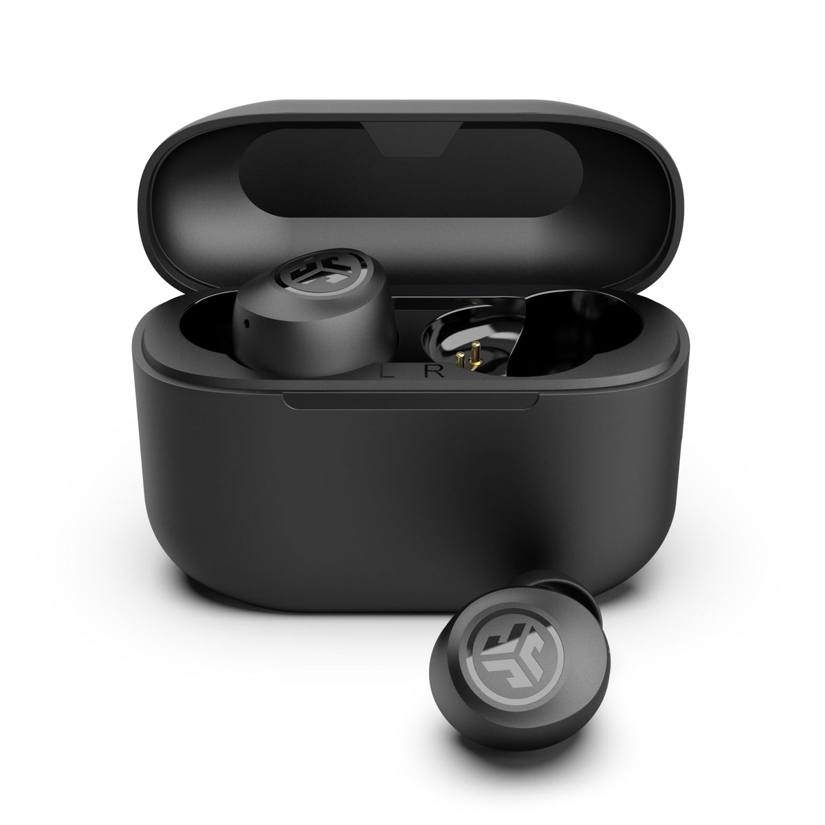JLab Go Air Pop+ true wireless earbuds in black with charging case, alternate view