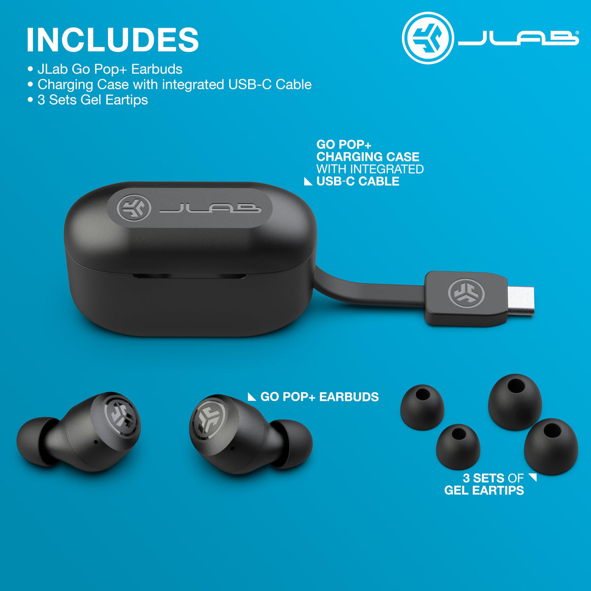 JLab Go Air Pop+ true wireless earbuds in black with charging case, alternate view