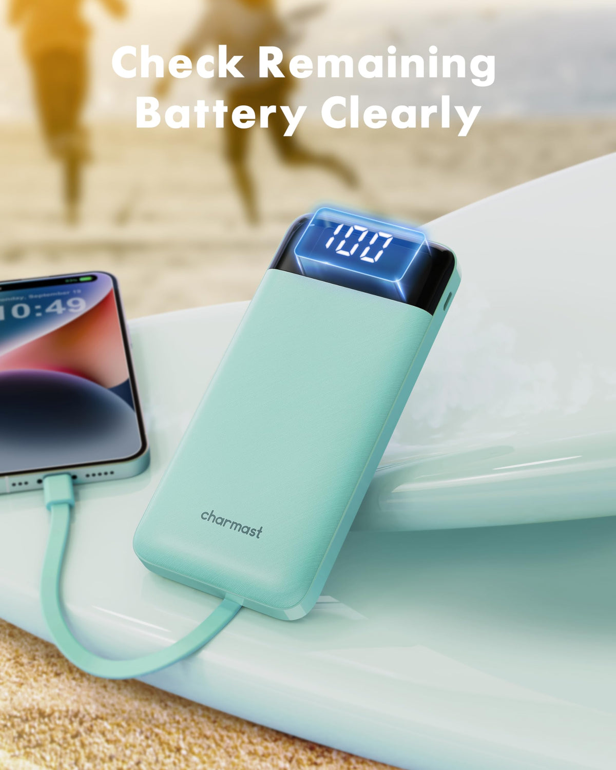 Charmast slim 10,000mAh power bank with built-in charging cables, alternate view
