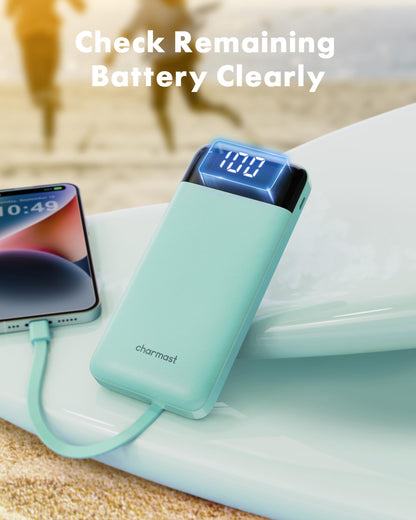 Charmast slim 10,000mAh power bank with built-in charging cables, alternate view