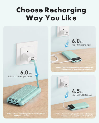 Charmast slim 10,000mAh power bank with built-in charging cables, alternate view