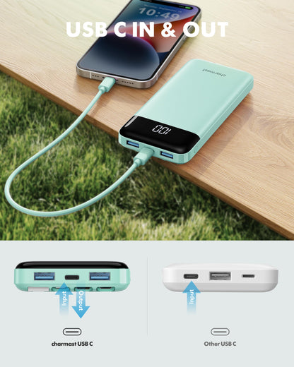 Charmast slim 10,000mAh power bank with built-in charging cables, alternate view
