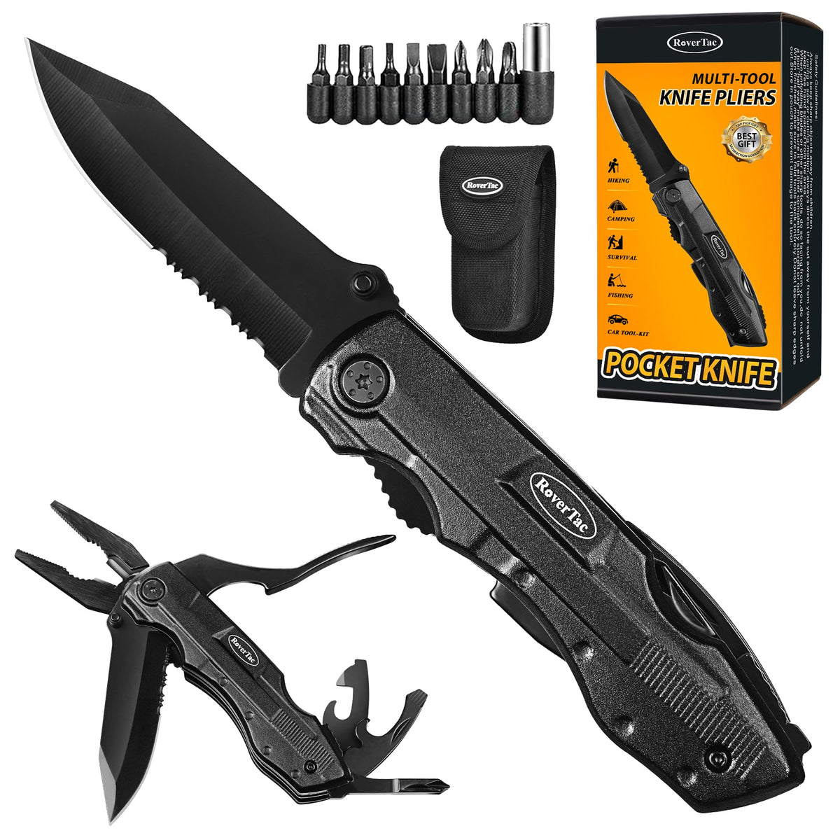 RoverTac 15-in-1 pocket multitool with pliers and nylon sheath