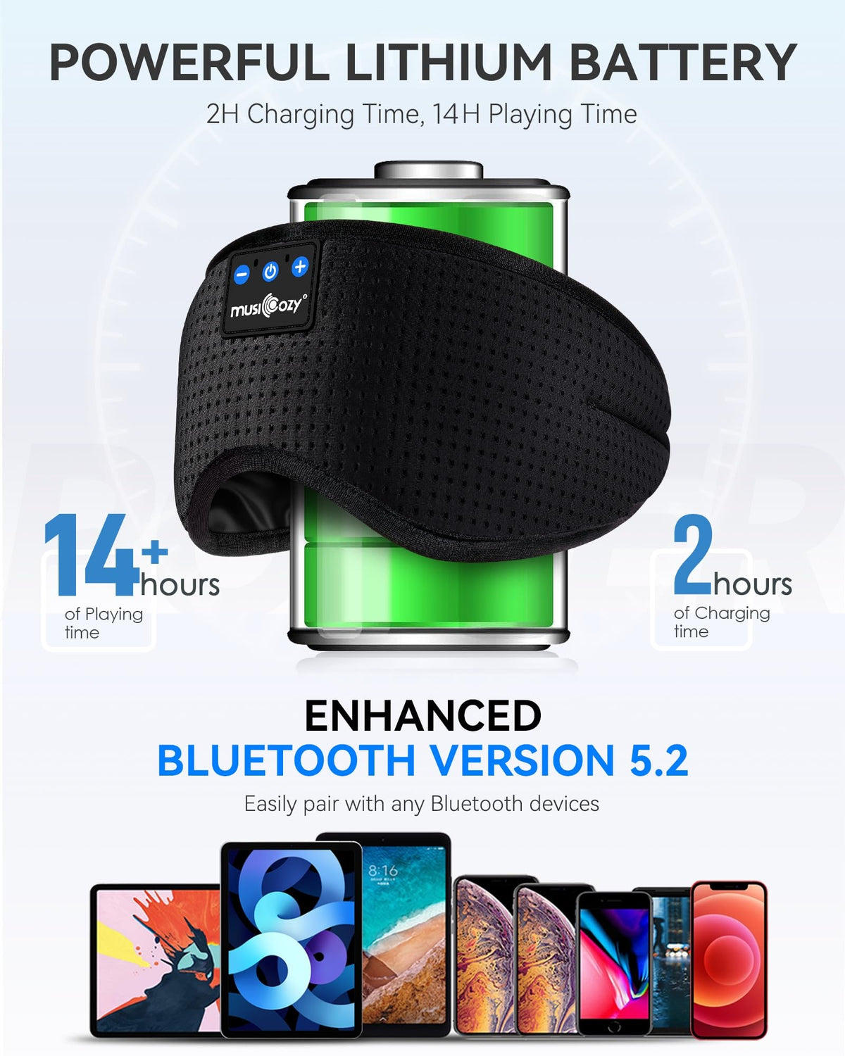 MUSICOZY Bluetooth sleep headphones eye mask in matte black, alternate view