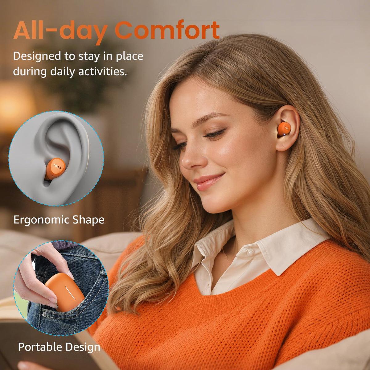 TOZO A1 wireless Bluetooth earbuds with charging case, alternate view