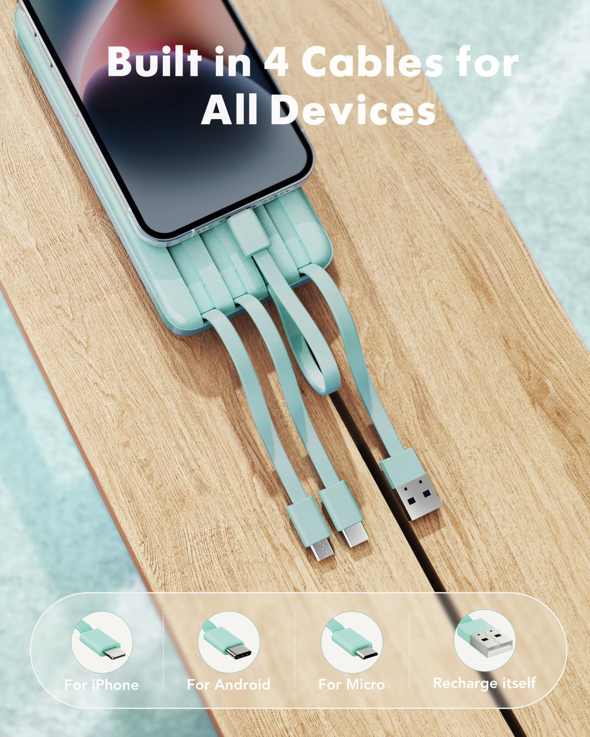Charmast slim 10,000mAh power bank with built-in charging cables, alternate view